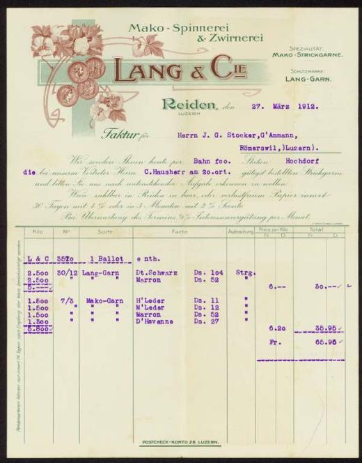 LANGYARNS Facture LANG & Cie de 1912